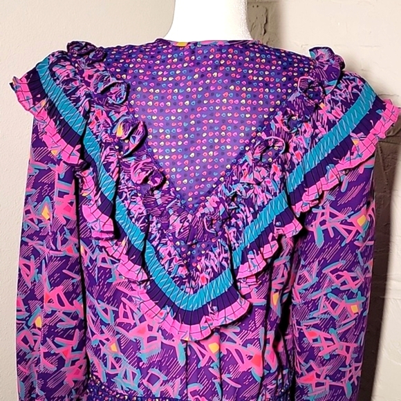 VTG Assorti Susan Freis Dress Maxi Long-sleeve Ruffles USA Colorful Multicolor M - Picture 6 of 16